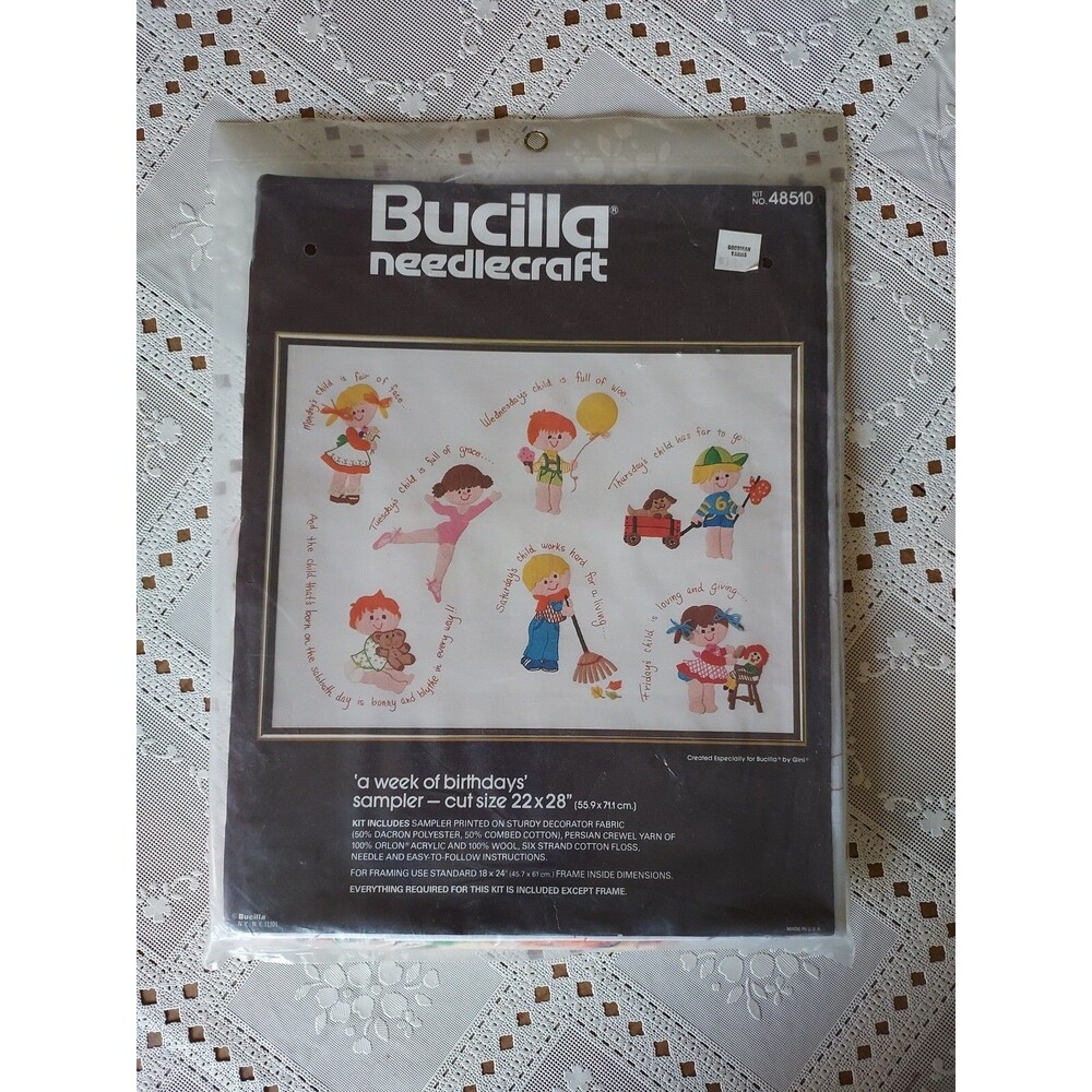 Bucilla Needlecraft "A Week of Birthdays" Vtg Sampler Kit 22x28 #48510 NEW